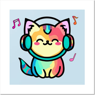 Happy smiling baby pussy cat with headphones. Kawaii cartoon Posters and Art